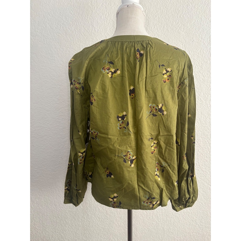 a.n.a‎ Button Up Blouse Large Olive Green Floral Cotton Band Collar NWT - Picture 3 of 10